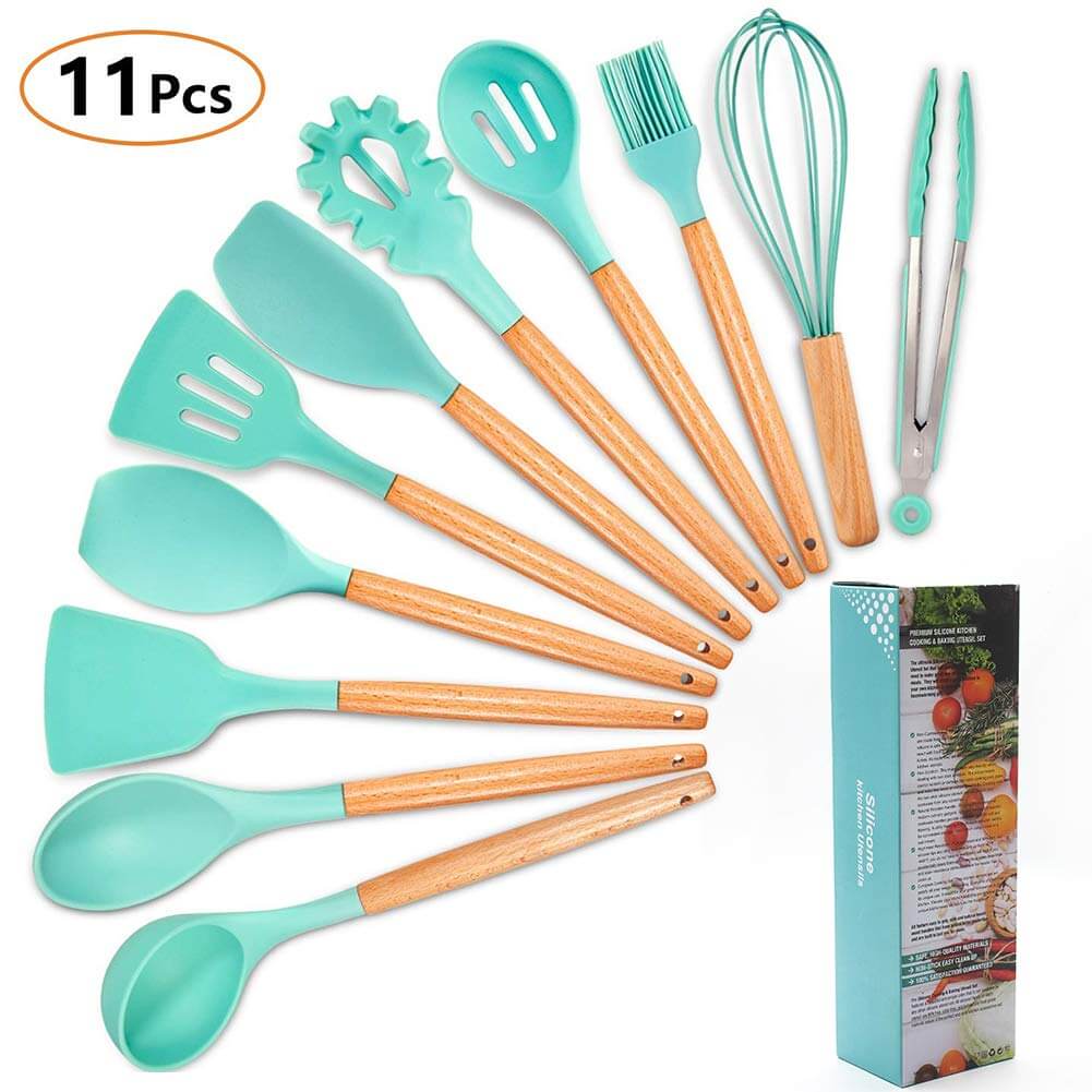 11PCS Silicone Cooking Utensils Kitchen Utensil Set - MKROYO Silicone Utensils Set with Wooden Handles