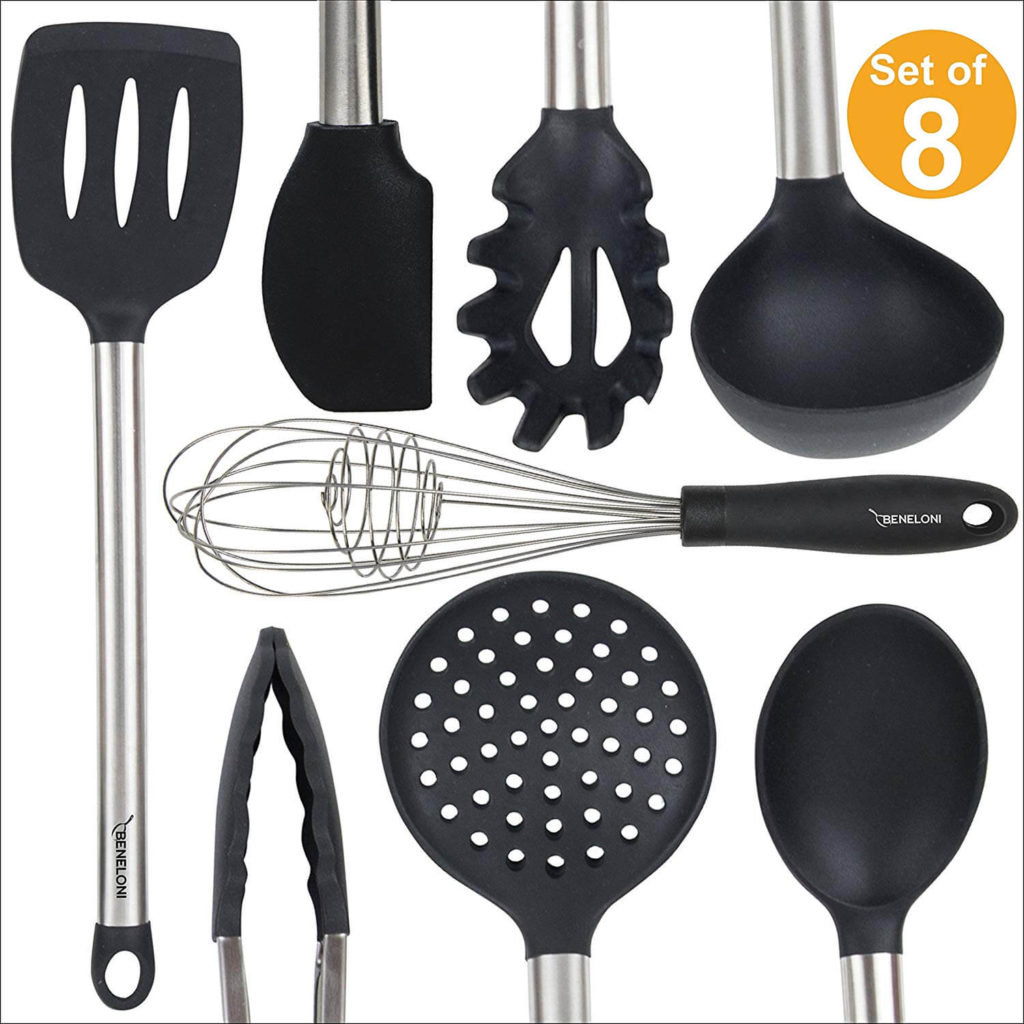 PREMIUM Silicone Kitchen Serving Utensil Set - Stainless Steel Metal and Black Utensils Including Tongs Spoons Spatula Ladle Whisk and Frosting Spatula