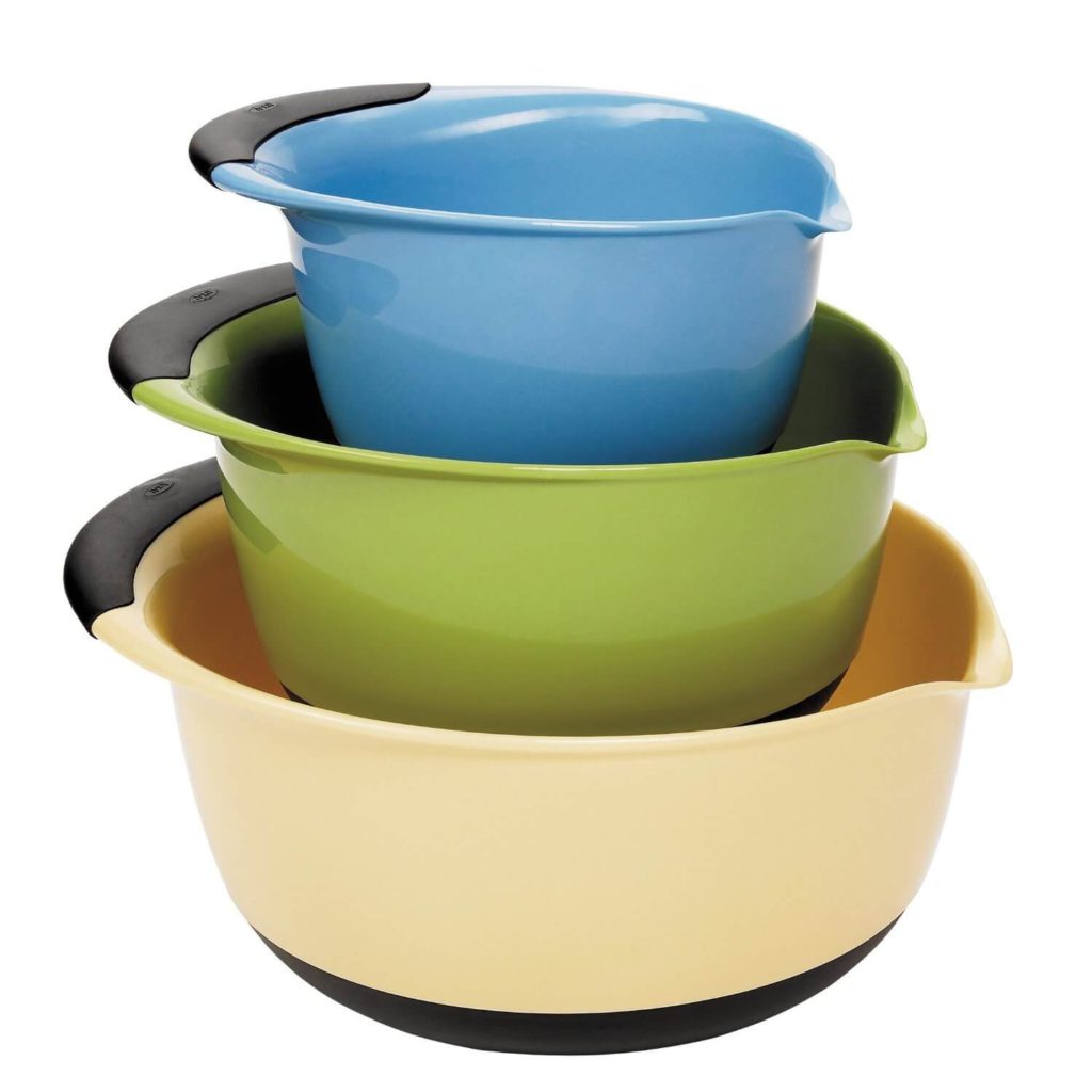 OXO Good Grips 3 piece Mixing Bowl Set, White Bowls with Blue Green Brown Handles