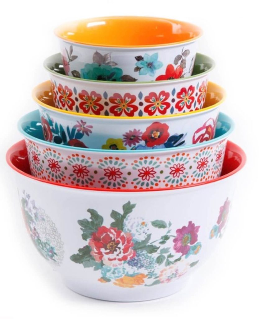 The Pioneer Woman 10 Piece Nesting Mixing Serving Bowl Set features Unique Vibrant Colors